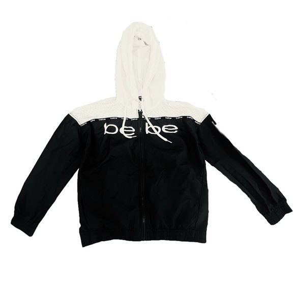BEBE Woven Black White Logo Hooded Jacket w/ Vented Perforated Panel & Logo Tape - Picture 9 of 16